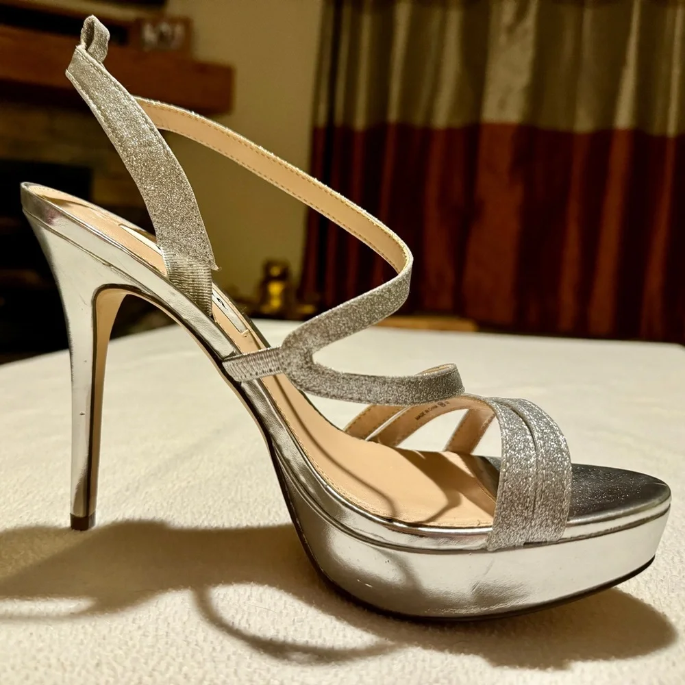 (9.5) Nina Wrapping Silver Glitter Strap 5” Platform Stiletto Sandals